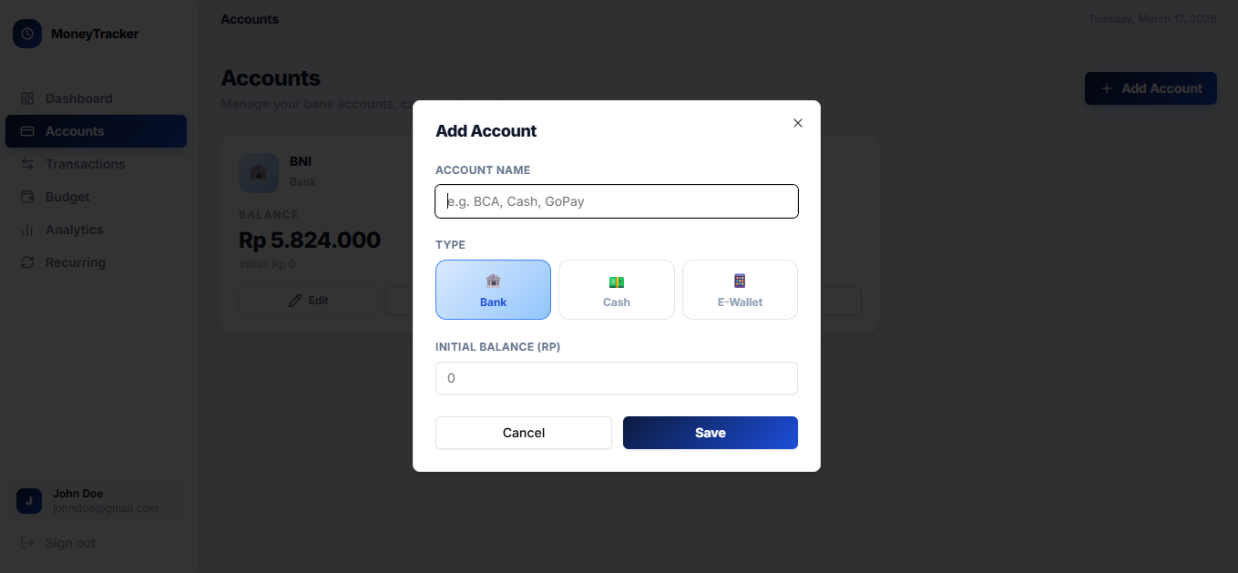 Add account — Bank, Cash, or E-Wallet