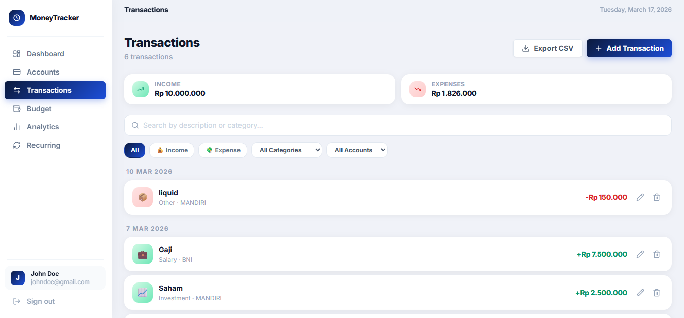 Transaction list with filters