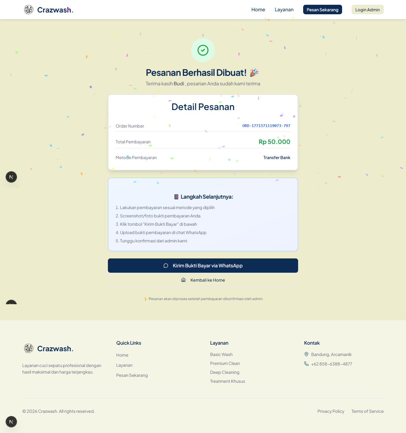 Order confirmed — payment instructions + WhatsApp link